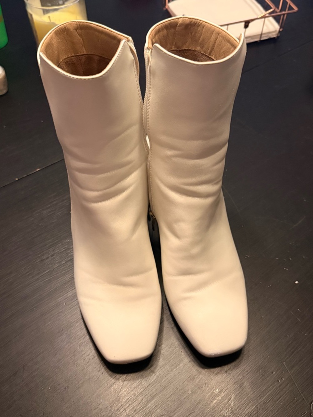 IDIFU Cream Square-Toe Mid-Calf Ankle Boots